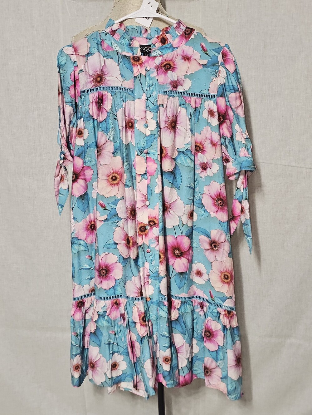 Floral Tiered Blue Dress with Pink Flowers